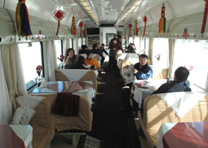 Restaurant car on the train from Beijing to Tibet.