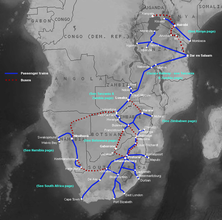 Map of train routes in southern Africa