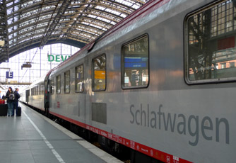 The Cologne-Vienna EuroNight sleeper train, at Cologne Hauptbahnhof