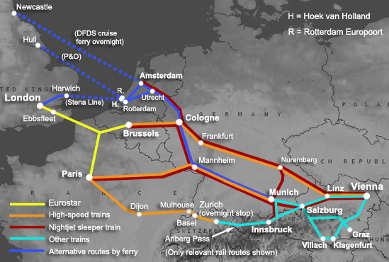 Carte de la route, de Londres à l'Autriche en train