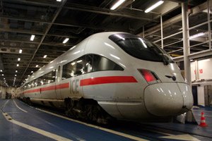 A Copenhagen to Hamburg EuroCity train on board the train ferry between Rodby & Puttgarten.