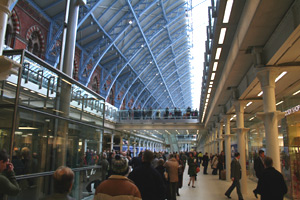 Inside St Pancras International: Lower level concourse. The trains are one level up.