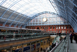 Inside St Pancras International: Upper level concourse showing William Barlow's magnificent 1868 trainshed...
