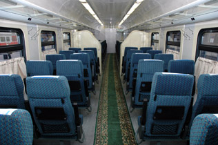 Second class seats on the Helsinki to St Petersburg train 'Repin'