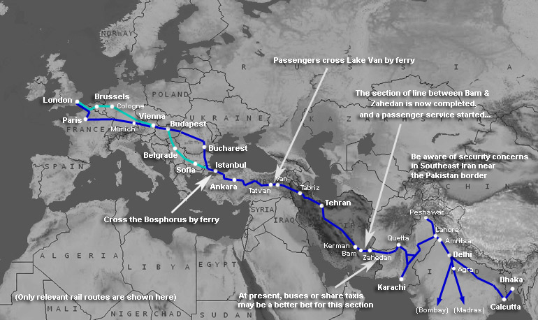 Map showing train routes from the UK across Europe to Pakistan & India