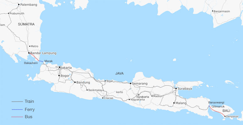Map of train and ferry routes in Indonesia, including Sumatra, Java and Bali
