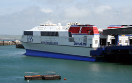 Stena Line's HSS fast ferry at Holyhead, ready to sail for Ireland