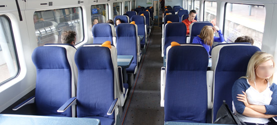 Standard class seating in an intercity railcar