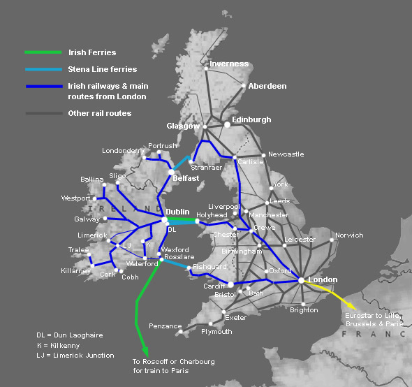 Britain to Ireland train & ferry route map