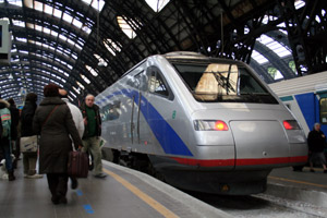A tilting 'Pendolino' train just arrived from Zurich in Milan Centrale