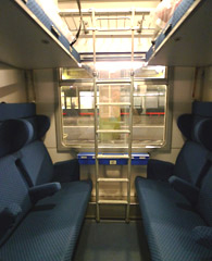 4 or 6-berth couchette compartment, with seats folded out, on the Thello sleeper trains from Paris to Italy...
