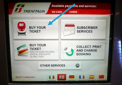 Trains in Italy:  Touch 'buy your ticket' to buy a ticket 