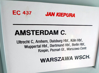 Destination board inside the Jan Kiepura train from Amsterdam to Warsaw