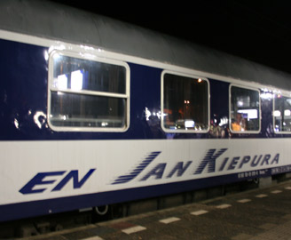 A couchette car on the Jan Kiepura EuroNight train from Amsterdam to Warsaw