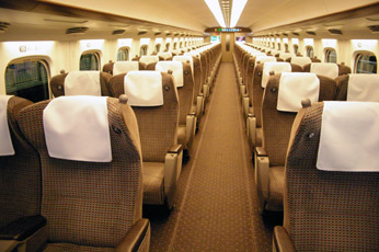 Train travel in Japan:  Comfortable 'green car' seats on a Series N700 Shinkansen train
