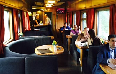 Restaurant car on Riga to Moscow train