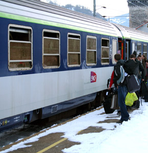 Unrefurbished French couchette car on a night train to the French Alps