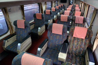 First class seats on a Malaysian KTM train from Penang to Kuala Lumpur to Singapore