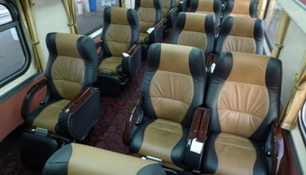 First class car refurbished with leather seats on train 1 from Penang to Kuala Lumpur and Singapore train