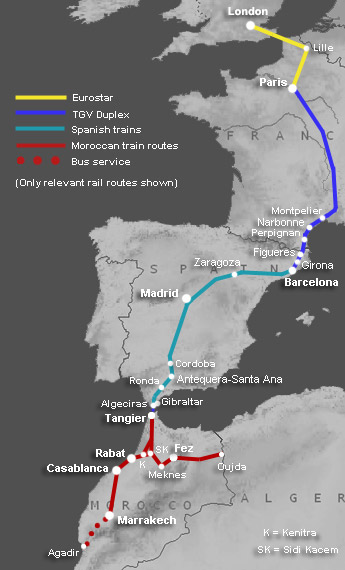 Route map, London to Marrakech by train