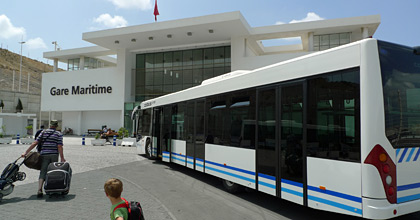 Shuttle bus from the ferry arrives at Tangier Med Port terminal building