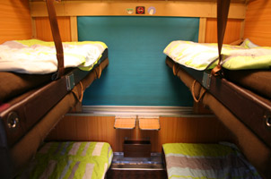 First class couchette compartment, with the berths folded out...