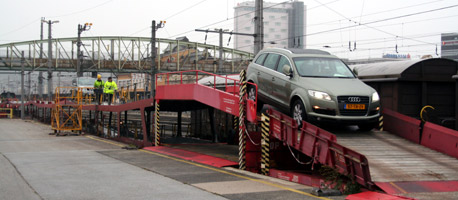 Unloading cars from the motorail train at Salzburg