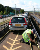 Securing the cars on the train...