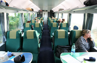 Wellington to Christchurch by train: seating on the Tranz Coastal train.