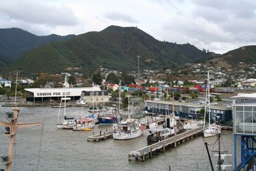The ferry terminal at Picton, seen from the deck of an arriving ferry from Wellington