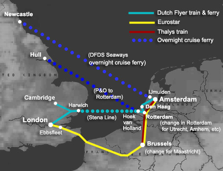 Route map, London to Amstersam by train or ferry