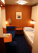 Single-berth standard inside cabin with shower & toilet on the Harwich-Hook of Holland ferry.