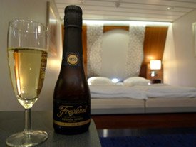 A glass of fizzy in a Captain's Class cabin on the ferry to Holland