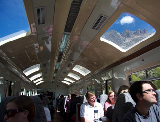 Mountains viewed through the roof windows of the Ollantaytambo to Machu Picchu shuttle train