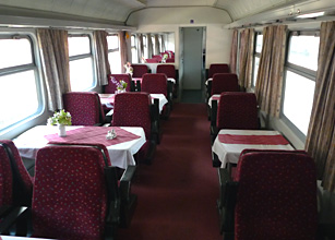 Hungarian restaurant car on the train to Sighisoara & Brasov