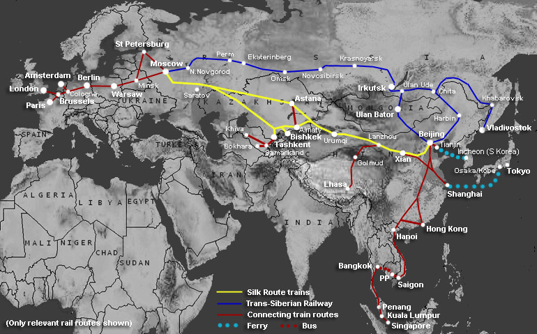 Route map - Moscow to Central Asia to China by train