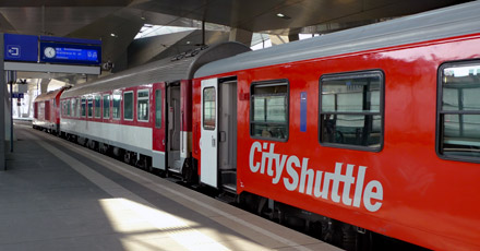 The train from Vienna to Bratislava, at Vienna Huaptbahnhof...