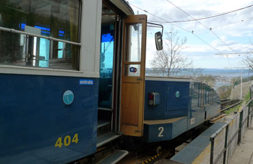 Trieste-Villa Opicina tram showing the tram buffered up to the drogue for climbing the escarpment