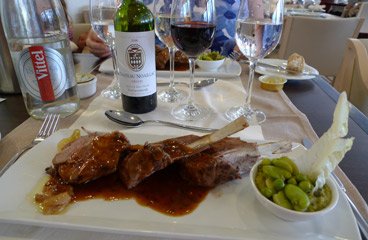 The ferry to Spain:  Rack of lamb in La Flora restaurant on the Pont Aven