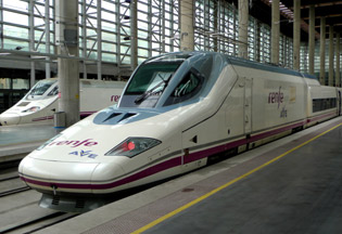 London-Malaga by train:  An S102 'pato' AVE at Madrid Atocha station