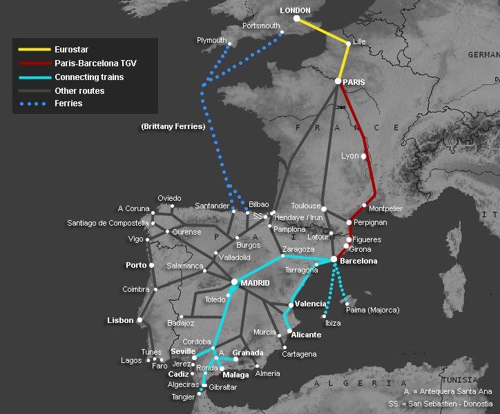Route map, UK to Spain by train