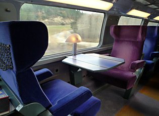 First class table for two on upper deck of TGV Duplex train to Barcelona