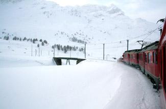 The Bernina Express climbing up the Bernina Pass...