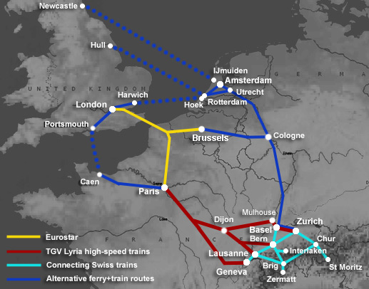 Route map, London to Switzerland by train