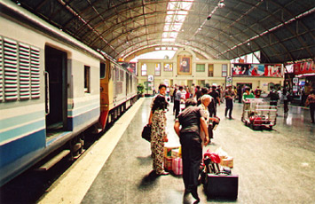 The International Express train from Butterworth (Penang) arrives at Bangkok's Hualamphong Station.