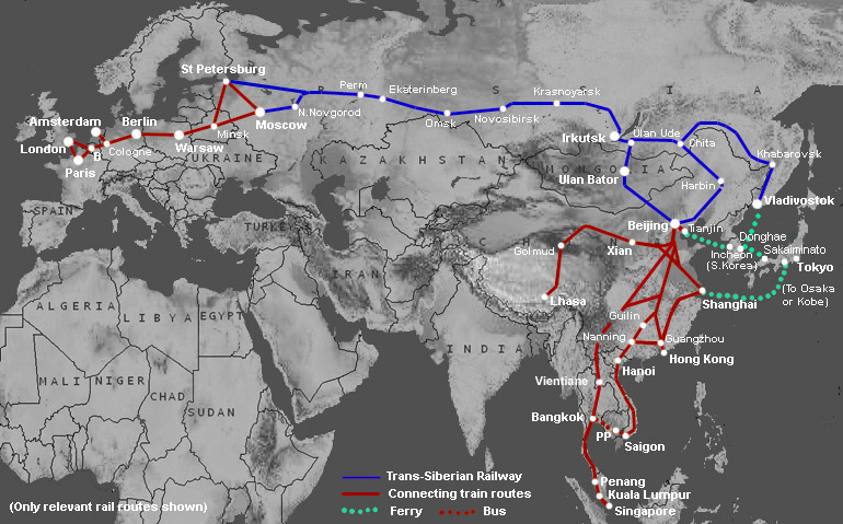 Trans-Siberian route map showing Trans-Mongolian and Trans-Manchurian routes