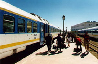 A Tunisian Railways air-conditioned express train from Tunis to Gabes, seen at Sfax
