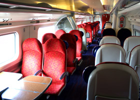 Standard class on a Virgin Trains 'pendolino' from London to Birmingham, Manchester, Liverpool or Glasgow