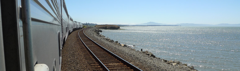 The California Zephyr runs along the Pacific approaching the Bay Area