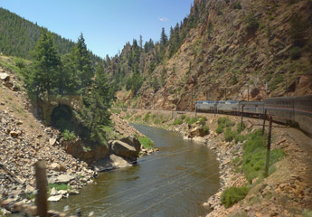 View from the train, as the California Zephyr snakes along the Colorado canyons